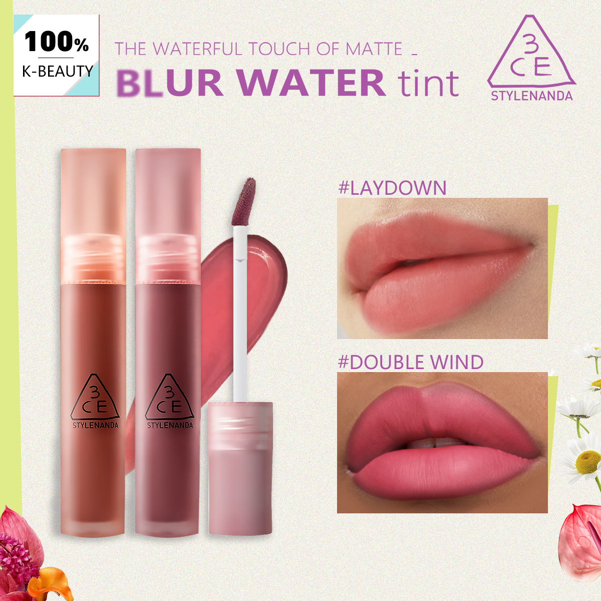 Lip Tint Korean - 3CE BLUR WATER TINT, opbouwbare kleurintensiteit